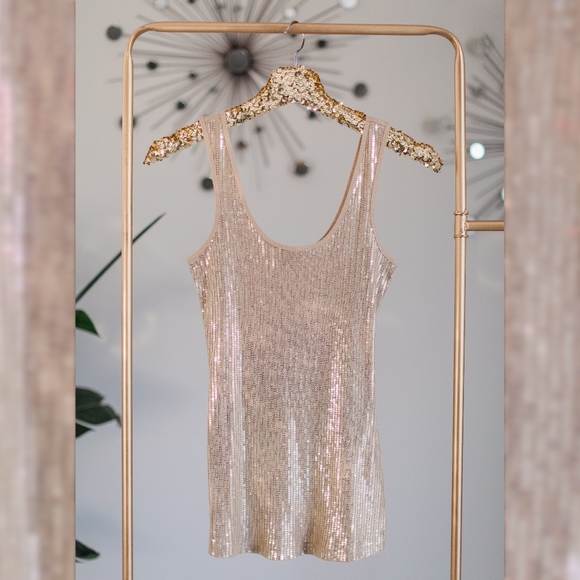 Express Tops - Express Tan Gold Sequin Tank